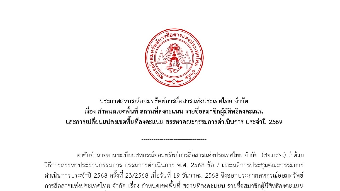 กำหนดเขตพื้นที่ สถานที่ลงคะแนน รายชื่อสมาชิกผู้มีสิทธิลงคะแนน และการเปลี่ยนแปลงเขตพื้นที่ลงคะแนน สรรหาคณะกรรมการดำเนินการ ประจำปี 2569