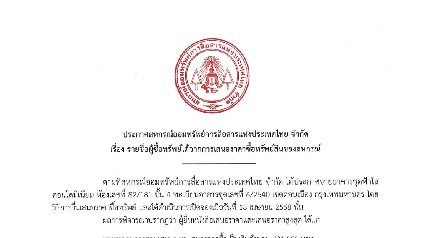 รายชื่อผู้ซื้อทรัพย์ได้จากการเสนอราคาซื้อทรัพย์สินของสหกรณ์