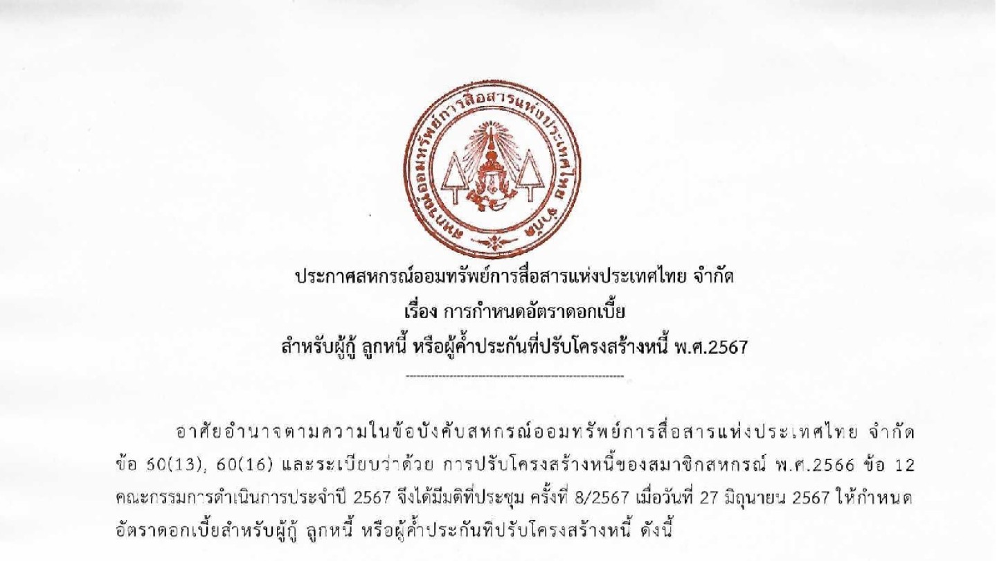 การกำหนดอัตราดอกเบี้ย สำหรับผู้กู้ ลูกหนี้ หรือผู้ค้ำประกันที่ปรับโครงสร้างหนี้ พ.ศ.2567