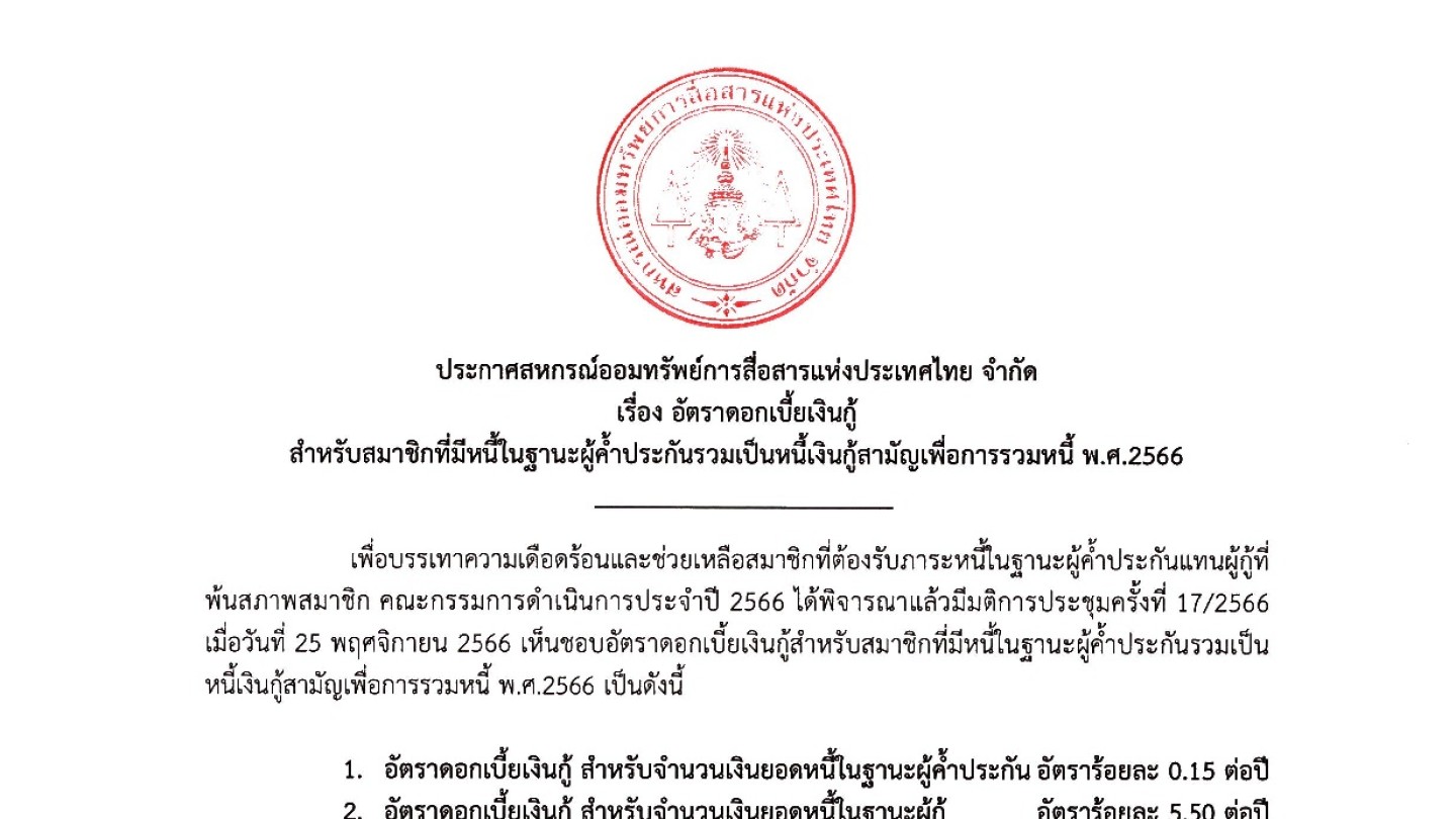 อัตราดอกเบี้ยเงินกู้สำหรับสมาชิกที่มีหนี้ในฐานะผู้ค้ำประกันรวมเป็นหนี้เงินกู้สามัญเพื่อการรวมหนี้ พ.ศ.2566