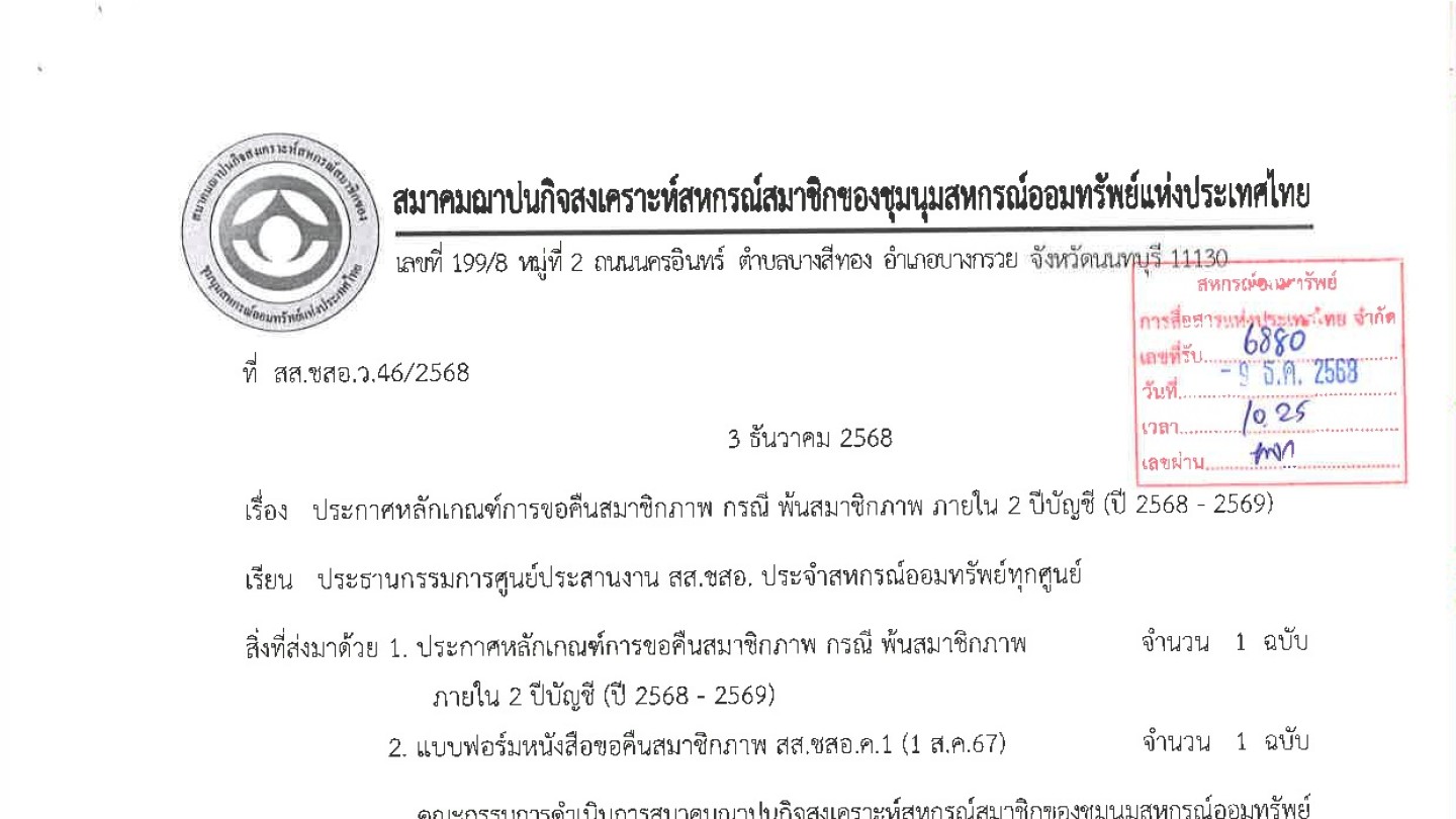 หลักเกณฑ์การขอคืนสมาชิกภาพ กรณี พ้นสมาชิกภาพ ภายใน 2 ปีบัญชี (ปี2568 – 2569)